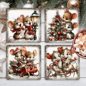 May include: Set of four square Christmas coasters featuring adorable cartoon mice in festive scenes. Each coaster showcases a different holiday theme, including a decorated tree, a lantern, and a sleigh.