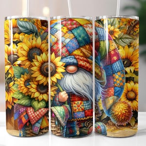 Sunflower Patchwork Gnome 20oz Skinny Tumbler Sublimation Design, Sunflower Gnome Tumbler Wrap, PNG, Gnome Tumbler Template Digital Download