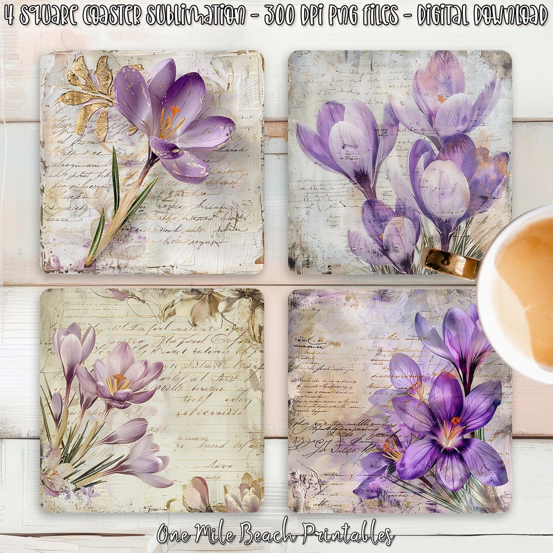 Spring Flowers Square Whimsical Spring Flowers Square Coaster Sublimation Design, Crocus ...