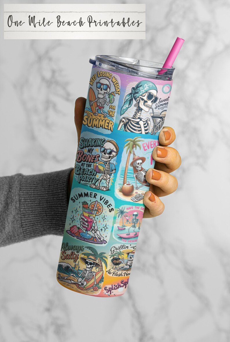 May include: A colorful tumbler with a variety of skeleton-themed designs. The designs include phrases like "Keep Losing Weight for the Summer", "Shaking My Bones at the Beach Party", "Summer Vibes", "Always Salty", "Grillin' & Chillin' No Flesh Needed", and "Splish Splash".