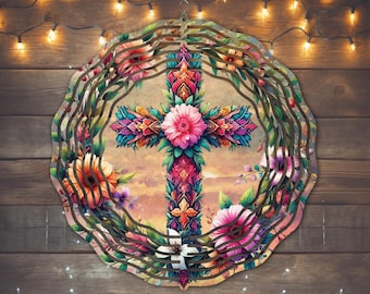 Floral Cross Wind Spinner Sublimation Design, Easter Template (PNG)