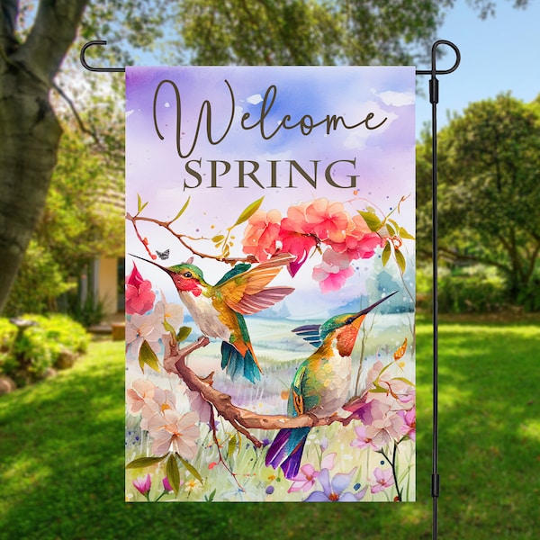 Welcome Spring 12x18 Garden Flag Sublimation Design, Instant Download, PNG, Welcome Spring Garden Flag, Hummingbird Garden Flag, Spring Flag