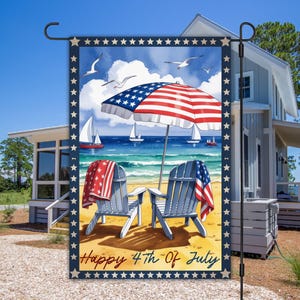 Bandiera da giardino patriottica estiva in spiaggia, 12x18, design a sublimazione, download immediato, PNG, bandiera da giardino del 4 luglio, modello per bandiera da giardino USA