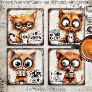 Roliga kaffekattunderlägg sublimeringsdesigner, 4x4 PNG (digital nedladdning)