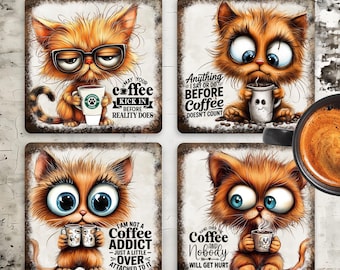 Funny Coffee Cat Coaster Sublimation Designs, 4x4 PNG (Digital Download)