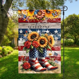 Patriotic Sunflowers Boots Welcome Garden Flag Sublimation Design, Instant Download, PNG, 12x18 Patriotic Sunflowers Welcome Garden Flag