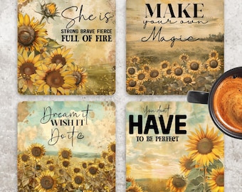 Sunflower Quotes Coaster Sublimation Designs, Square Coaster Set (Digital Download)
