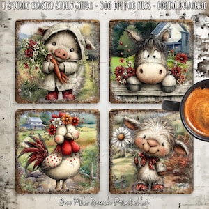 May include: Four square coasters with charming farm animal designs. The set includes a pig, a donkey, a rooster, and a lamb, each with floral details. The coasters have a distressed border, ideal for adding a touch of rustic charm to any home.