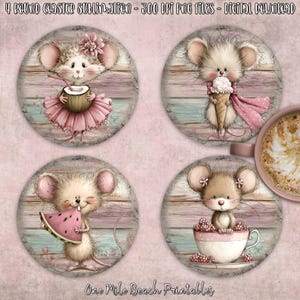 May include: Set of four round coasters with cute mouse illustrations. Each coaster features a different mouse with a coconut, ice cream, watermelon, and berries. The coasters have a distressed wood-look background and the text "One Mile Beach Printables".