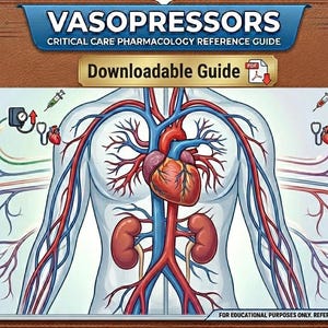May include: A medical reference guide titled "VASOPRESSORS" with anatomical illustrations of the human body, including the heart, lungs, and kidneys. The guide includes sections on dosage, indications, and side effects, with a downloadable guide option.
