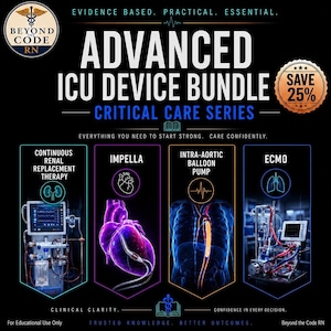 Pode incluir: Uma infografia educativa intitulada Advanced ICU Device Bundle Critical Care Series. Apresenta quatro secções: Continuous Renal Replacement Therapy, Impella, Intra-Aortic Balloon Pump e ECMO, cada uma com ilustrações médicas e texto descritivo.