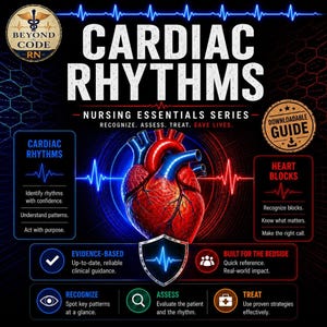 Peut inclure: Un guide éducatif numérique intitulé CARDIAC RHYTHMS NURSING ESSENTIALS SERIES présentant une illustration centrale de cœur anatomique, des lignes ECG bleues et rouges, et des sections de texte détaillant des conseils cliniques pour reconnaître, évaluer et traiter les rythmes cardiaques.