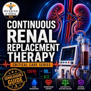 May include: A digital educational guide titled Continuous Renal Replacement Therapy Critical Care Series featuring a graphic of human kidneys, a medical monitor displaying vital signs, and icons for fluid management, hemodynamic support, and balance.