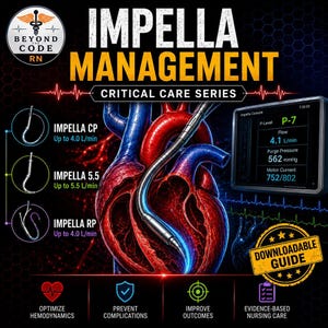 May include: An educational graphic titled Impella Management Critical Care Series featuring a human heart illustration with an inserted medical device, a console display showing P-7 flow data, and icons for hemodynamics, complications, and outcomes.