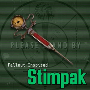May include: A Fallout-inspired Stimpack, a syringe-like medical device. The device has a metallic body with a red liquid chamber and a gauge. The background is a green grid with the words "PLEASE AND BY" and "Fallout-Inspired" and "STIMPAK".