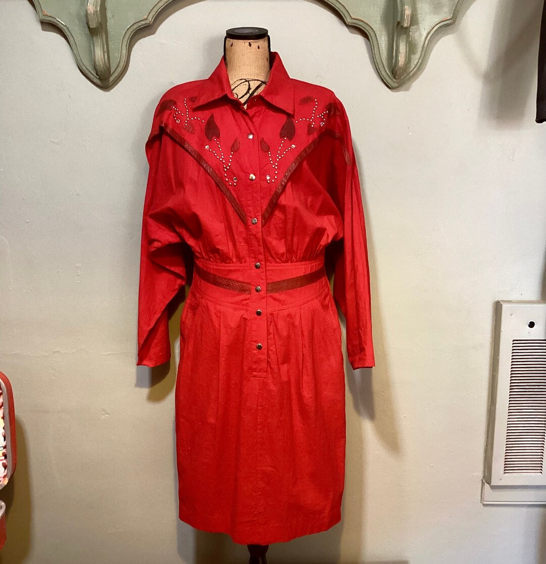 Vintage 80s Red Western Dress Shirt Dress Style With Real Leather ...