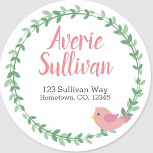 Personalized Round Bird and Wreath Matching Address and Thank You Stickers, Small (20 per sheet), Large (6 per sheet)