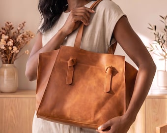 100% Genuine leather tote bag, Large leather shoulder bag, Leather shoulder tote purse, Personalized leather tote bag, Handmade leather tote
