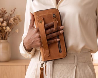 Leather clutch wallet, Personalized leather clutch,Leather clutch with handle,Long leather wallet,Zippered leather wallet,Elegant clutch bag