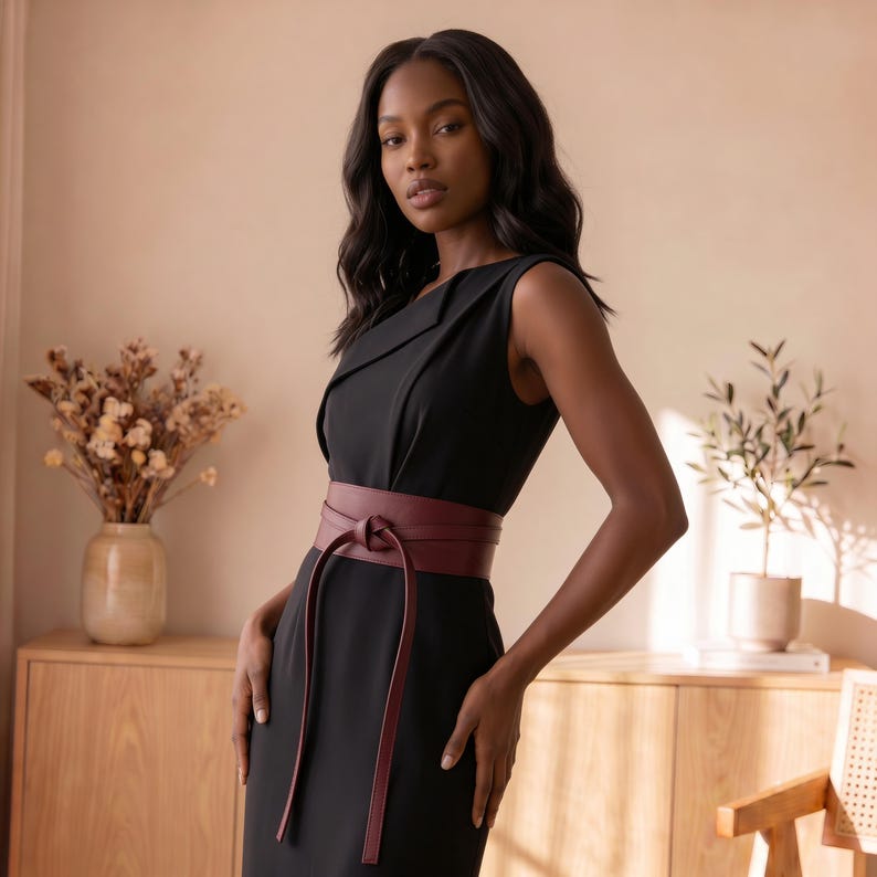 May include: A sleeveless black dress featuring a structured collar and a wide, dark burgundy wrap belt tied at the waist with two long, dangling ends. The dress has a clean, fitted silhouette that extends past the waistline in a solid black fabric.