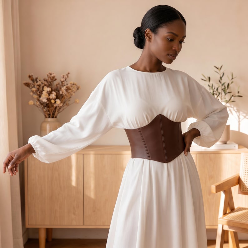 May include: A long-sleeved white dress featuring a solid dark brown corset-style waist belt. The dress has a round neckline and loose, flowing sleeves with gathered cuffs, while the brown belt is structured with vertical seams and a pointed hem.