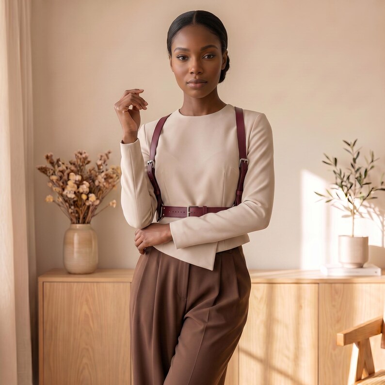 May include: A burgundy leather harness worn over a long-sleeved beige top and brown trousers. The harness features adjustable straps with silver-toned metal buckles and a central waist belt, creating a structured layered look over the clothing.