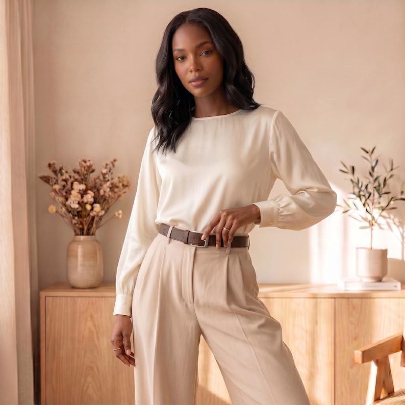 May include: A long-sleeved cream-colored blouse with a round neckline and cuffed sleeves, paired with high-waisted beige trousers featuring a front crease and a dark brown leather belt with a silver-toned buckle worn at the waist.