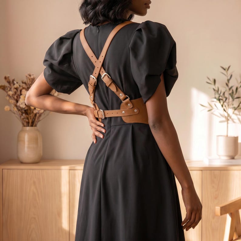 May include: A black dress with short puff sleeves and a tan leather harness featuring adjustable straps, silver-toned metal buckles, and a back-fastening design. The harness is worn over the dress, creating a structured look with visible hardware.