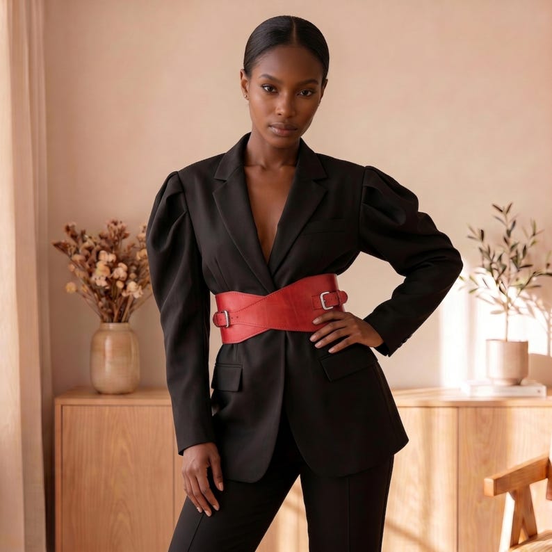 May include: A black blazer with long puff sleeves and a notched lapel, cinched at the waist with a wide, red leather corset-style belt featuring a silver buckle and a crisscross design. The blazer is paired with matching black trousers.