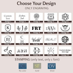 May include: A grid of twenty black and white engraving design options labeled Design 1 through Design 20, featuring various monograms, symbols, and text styles. Below, three stamping options are displayed: No color, Gold, and Silver.