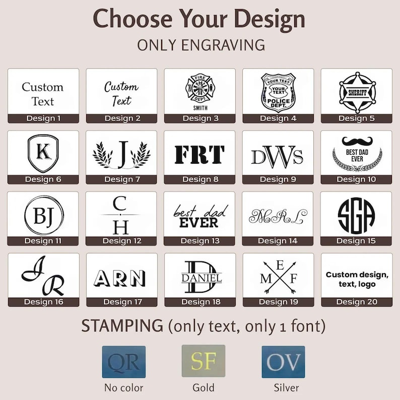 May include: A grid of twenty black and white engraving design options labeled Design 1 through Design 20, featuring various monograms, symbols, and text styles. Below, three stamping options are displayed: No color, Gold, and Silver.