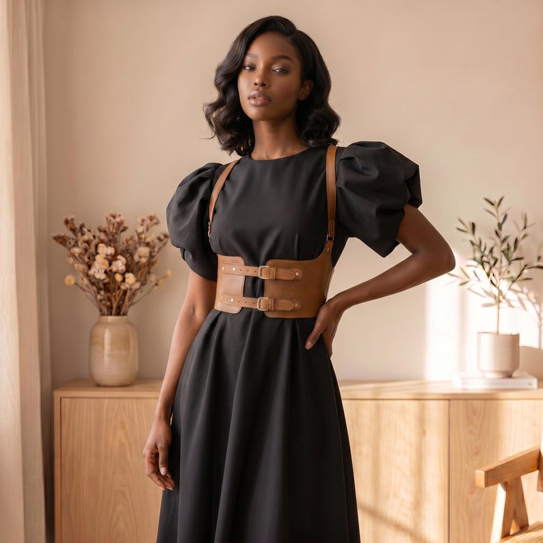 May include: A black midi dress with short puff sleeves and a round neckline, featuring a tan leather-style corset harness worn over the bodice. The harness includes two horizontal straps with metal buckles and vertical shoulder straps.