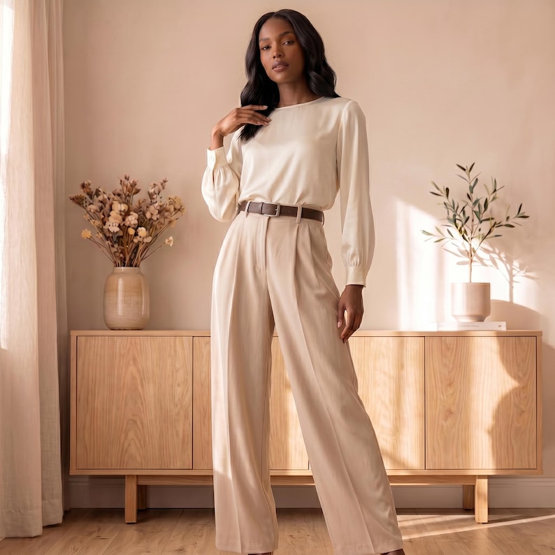 May include: A long-sleeved cream-colored blouse with a round neckline paired with high-waisted beige wide-leg trousers. The trousers feature a front crease and are cinched at the waist with a thin brown leather belt with a silver buckle.