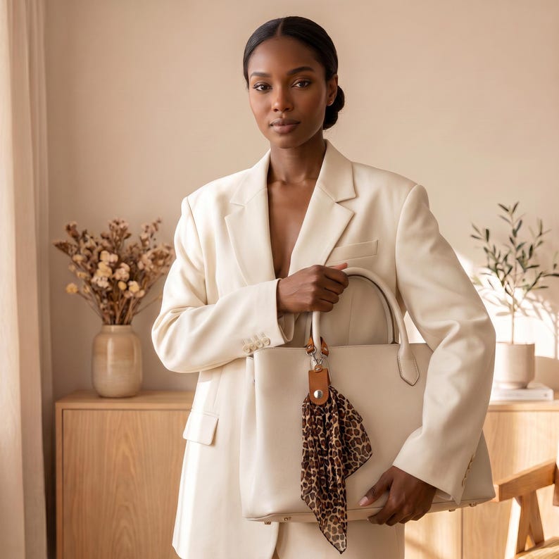 May include: A cream-colored blazer and a matching structured handbag. The handbag features a brown leather tab attached to the handle with a silver-toned metal clasp, adorned with a lightweight, semi-sheer scarf in a brown and black leopard print.