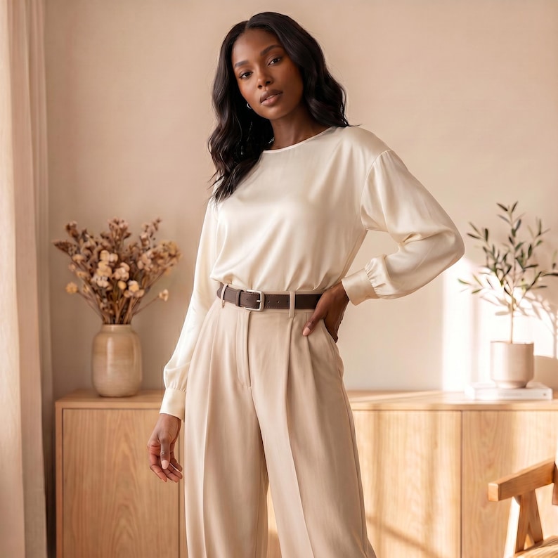 May include: A long-sleeved cream-colored satin blouse with a round neckline and cuffed sleeves, paired with high-waisted beige trousers featuring a dark brown leather belt with a silver-toned buckle. The blouse has a smooth, lustrous finish.