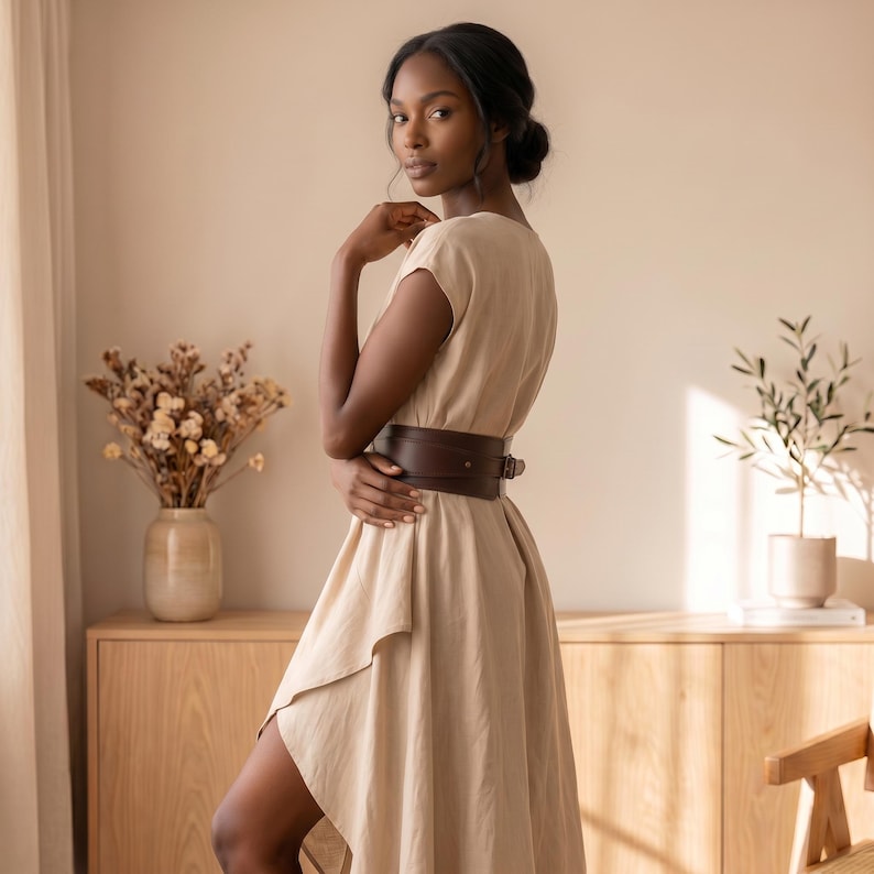 May include: A beige short-sleeved dress with a high-low hemline, cinched at the waist with a wide, dark brown leather corset-style belt featuring a buckle closure. The dress is made of a solid, light-colored fabric and has a simple, clean design.