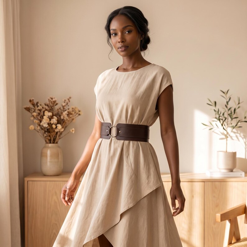 May include: A beige midi dress with short sleeves and a round neckline, featuring an asymmetrical hemline. The dress is cinched at the waist with a wide, dark brown faux leather belt that includes a central circular metal ring buckle detail.