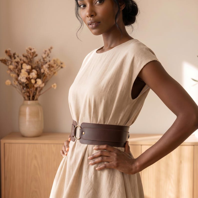 May include: A sleeveless beige dress featuring a wide, dark brown waist belt. The belt is constructed from a smooth material with visible stitching along the edges and is secured at the center front with a circular gold-toned metal ring buckle.