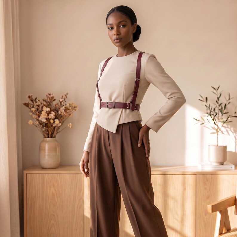 May include: A long-sleeved beige top with a round neckline and an asymmetrical hem, paired with high-waisted brown trousers. A dark burgundy leather harness with silver-toned buckles is worn over the top, featuring a waist belt and shoulder straps.