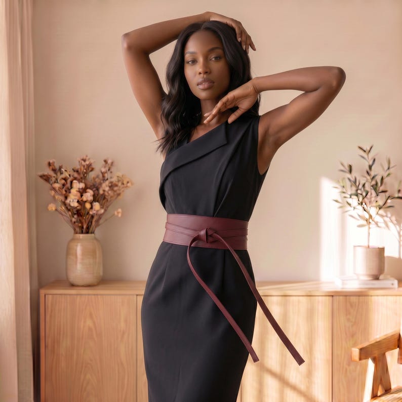 May include: A sleeveless black dress featuring an asymmetrical neckline and a wide, wrap-around burgundy leather belt that ties at the waist with long, dangling straps. The dress has a fitted silhouette and a clean, solid-colored fabric finish.