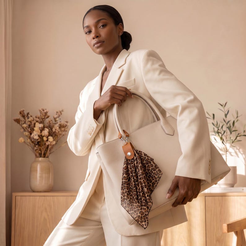 May include: A large, structured beige tote bag featuring two top handles and a detachable tan leather charm. A square, semi-sheer scarf with a brown and black leopard print pattern is tied to the bag's handle with a silver-toned metal clasp.