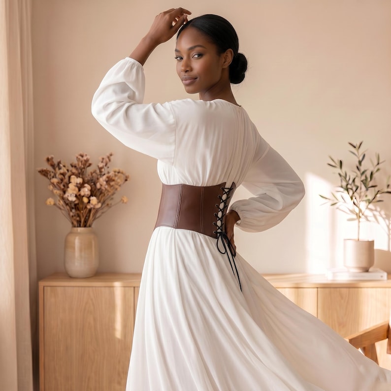 May include: A long-sleeved white dress featuring a wide, dark brown corset-style belt at the waist. The belt is constructed with a structured, smooth finish and includes a black lace-up closure on the side, creating a cinched silhouette.