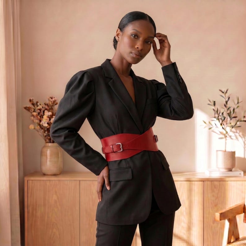 May include: A black blazer with long puff sleeves, a notched lapel, and two front flap pockets, cinched at the waist with a wide, red leather corset-style belt featuring a silver-toned metal buckle and a structured, tapered design.