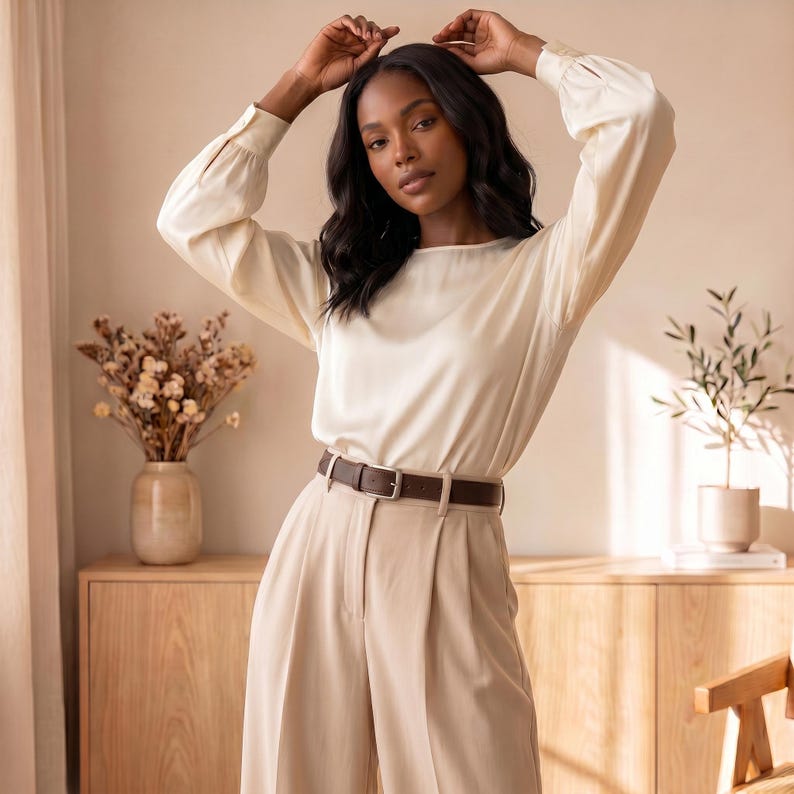 May include: A long-sleeved cream-colored blouse with a smooth, satin-like finish and a round neckline, paired with high-waisted beige trousers featuring front pleats and a dark brown leather belt with a silver-toned rectangular metal buckle.