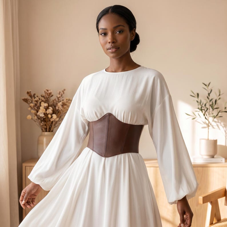 May include: A long-sleeved white dress featuring a round neckline and a structured dark brown faux leather corset belt worn around the waist. The dress has full, flowing sleeves and a simple, clean design that reaches below the waistline.