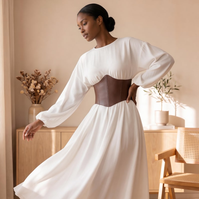 May include: A long-sleeved white midi dress featuring a round neckline and a structured brown corset-style waist belt. The dress has a flowing skirt and full sleeves, creating a clean silhouette that highlights the contrast between the fabric and belt.