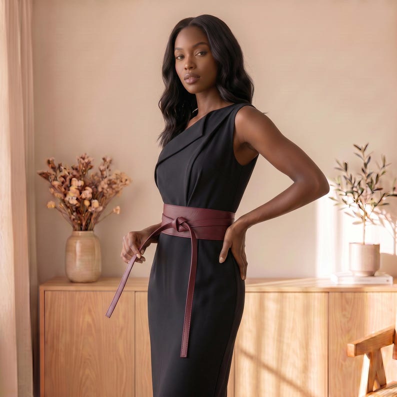 May include: A sleeveless black dress featuring an asymmetrical neckline with a folded lapel detail, paired with a wide, dark burgundy wrap-around belt that ties at the front with long, dangling ends, creating a structured and fitted silhouette.