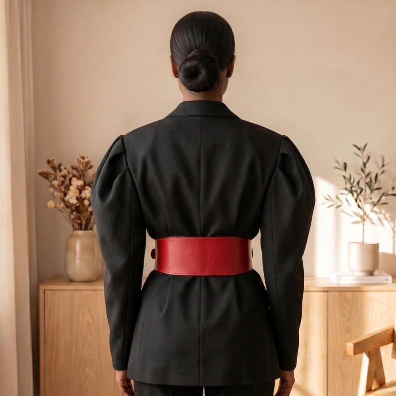 May include: A black blazer featuring long sleeves with gathered puff shoulders and a wide, smooth red belt cinched around the waist. The garment is shown from the back, highlighting the structured tailoring and the contrast between the black fabric and red belt.