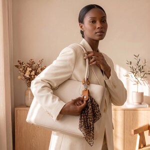 May include: A large, structured cream-colored tote bag with dual handles, featuring a tan leather attachment on one handle adorned with a brown and black leopard print silk scarf. The bag has a smooth finish and silver-toned hardware accents.