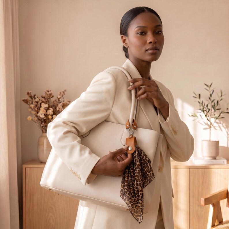 May include: A large, structured cream-colored tote bag with dual handles, featuring a tan leather attachment on one handle adorned with a brown and black leopard print silk scarf. The bag has a smooth finish and silver-toned hardware accents.